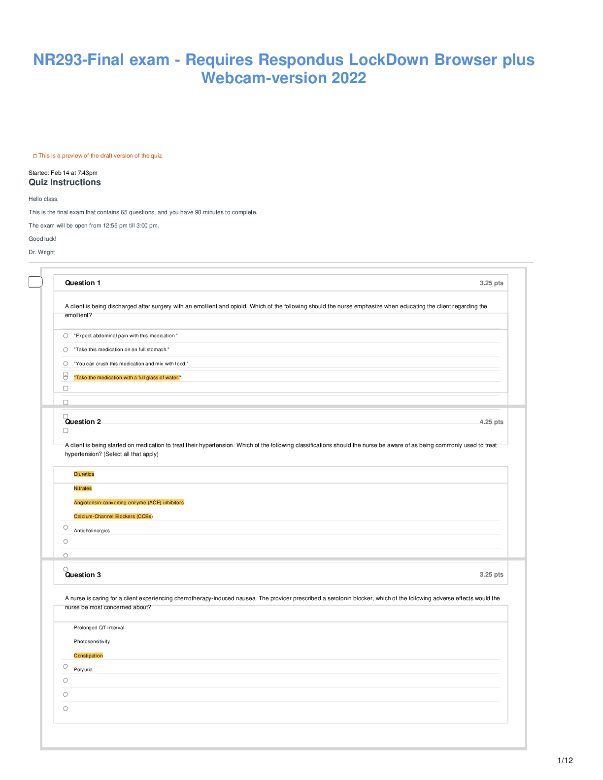 Preview of NR293-Final exam - Requires Respondus LockDown Browser plus Webcam-version 2022